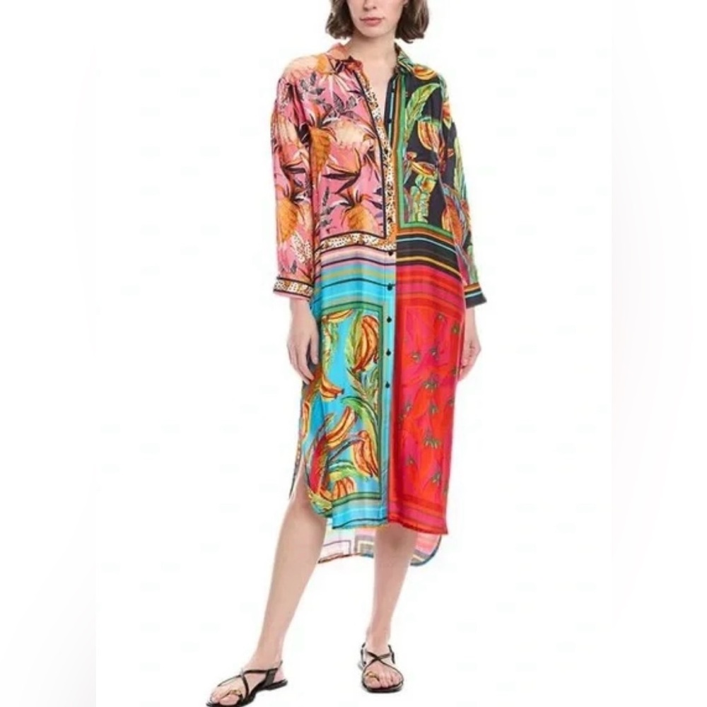 Farm Rio Scarf Mixed Shirt Dress size Medium Viscose, colorful, vibrant